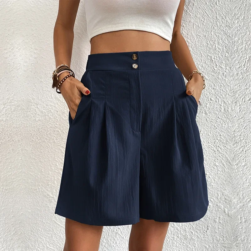 Womens Bermuda Shorts Elastic High Waisted Wide Leg Shorts Knee Length Summer Casual Flare Shorts with Pockets