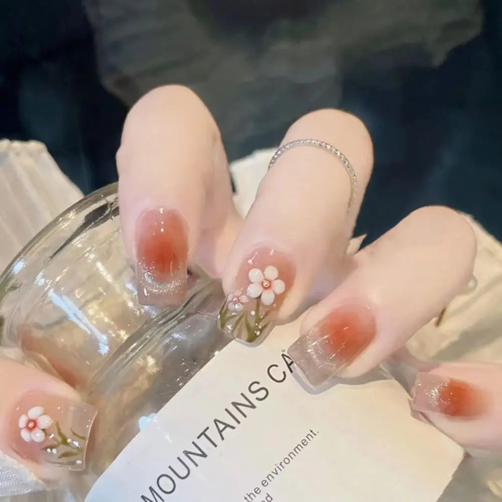 

24pcs Manicure Press on Nails Rose Flower Detachable Long French French Red Edge Fake Nails Ballerina