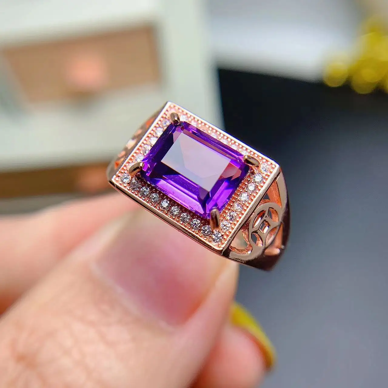 

Pure amethyst ring for men Chinese Style 925 sterling silver amethyst men jewelry no fading 18K gold plating gemstone ring