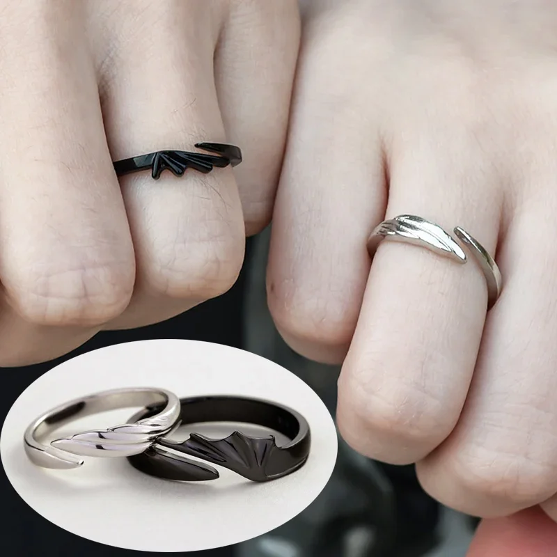 2Pcs Couple Matching Rings for Man Woman Adjustable Size Sun Moon Ring Set Angel Devil Dragon Open Couple Matching Promise Rings