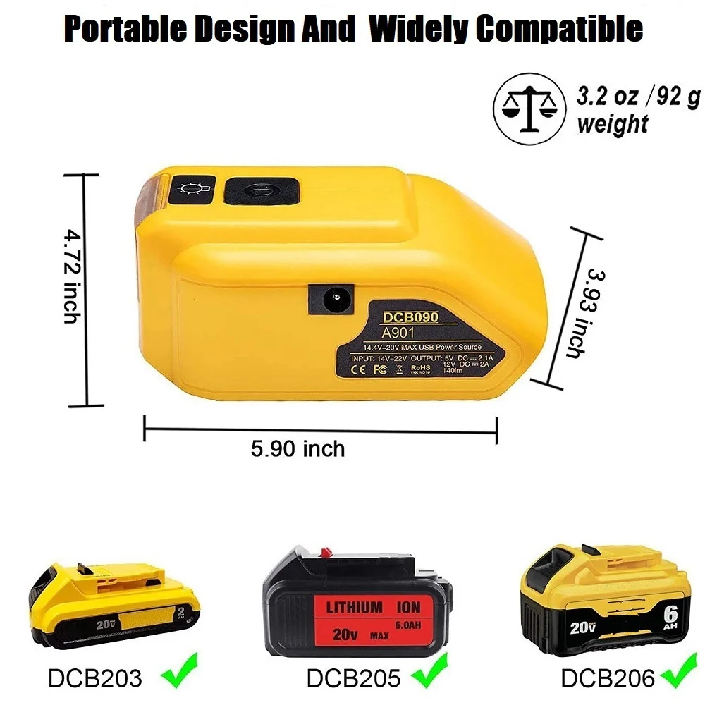 Substituição Adaptador de Bateria Dcb090 Fonte de Alimentação para Conversor Dewalt 20v Max 18v Dual Usb dc 12v Tipo-c Led Luz de Trabalho - Image 5