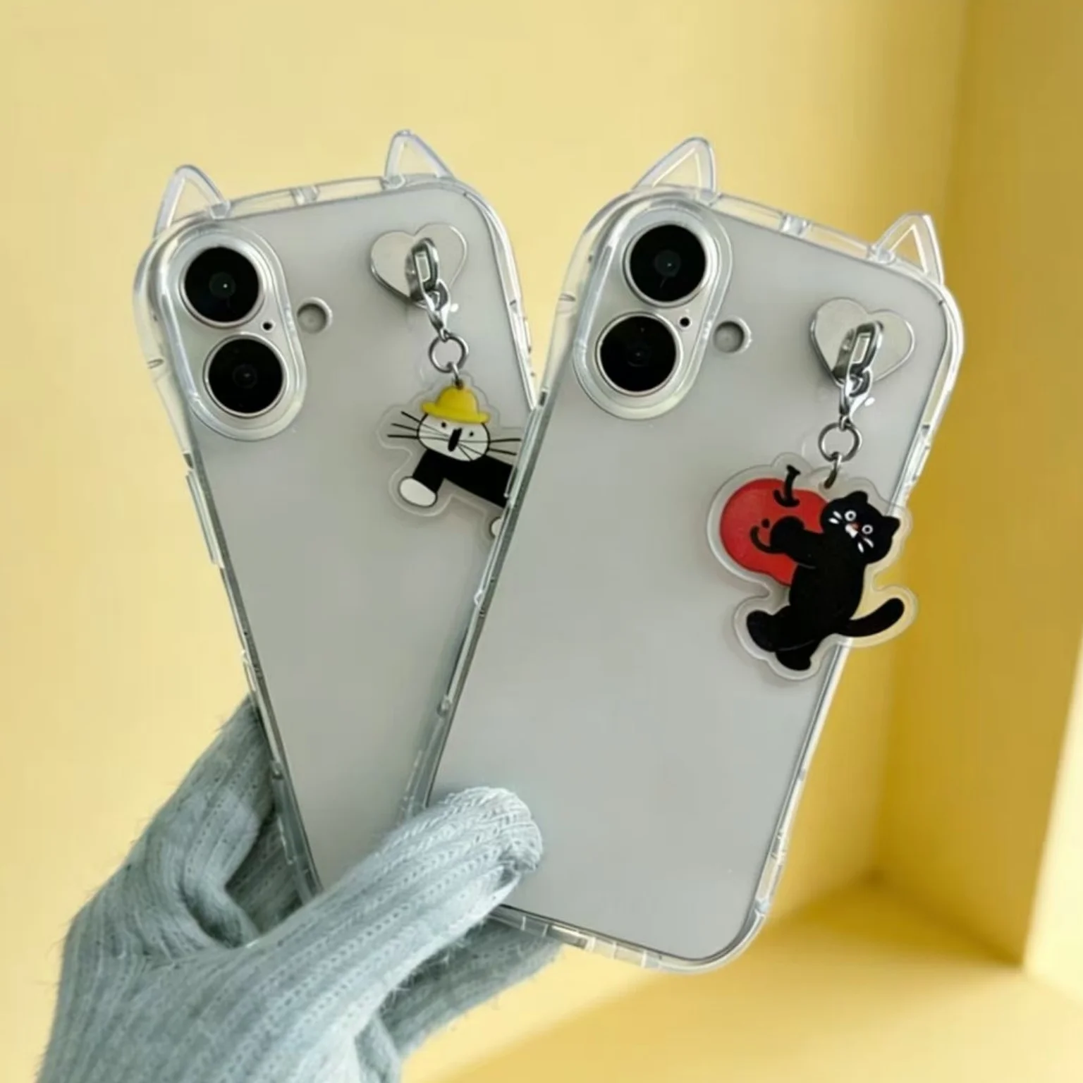 Adorable Black Cat 3D Ears Phone Case with Key Chain Pendant