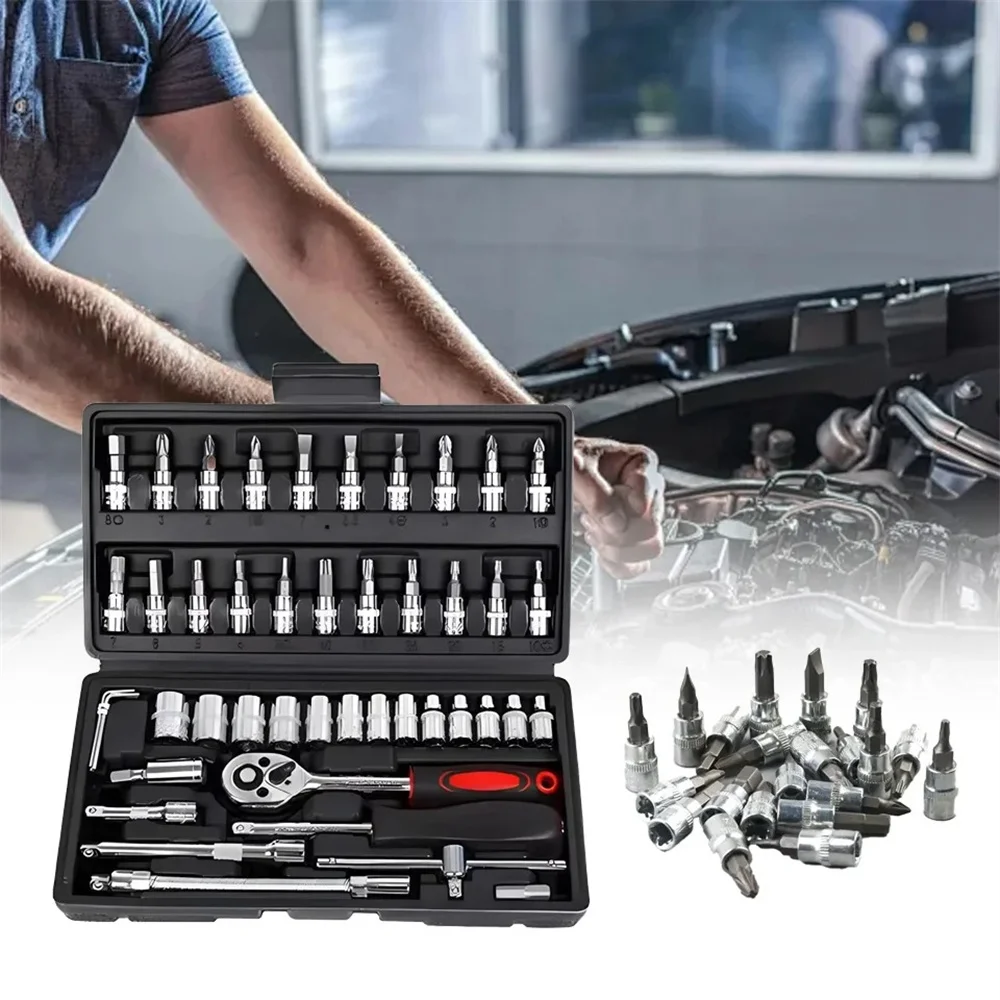 46pcs Car Repair Tool Kit 1/4-Inch Socket Set Car Repair Tool Ratchet Torque Wrench Combo Auto Repairing Set Mechanic Tool