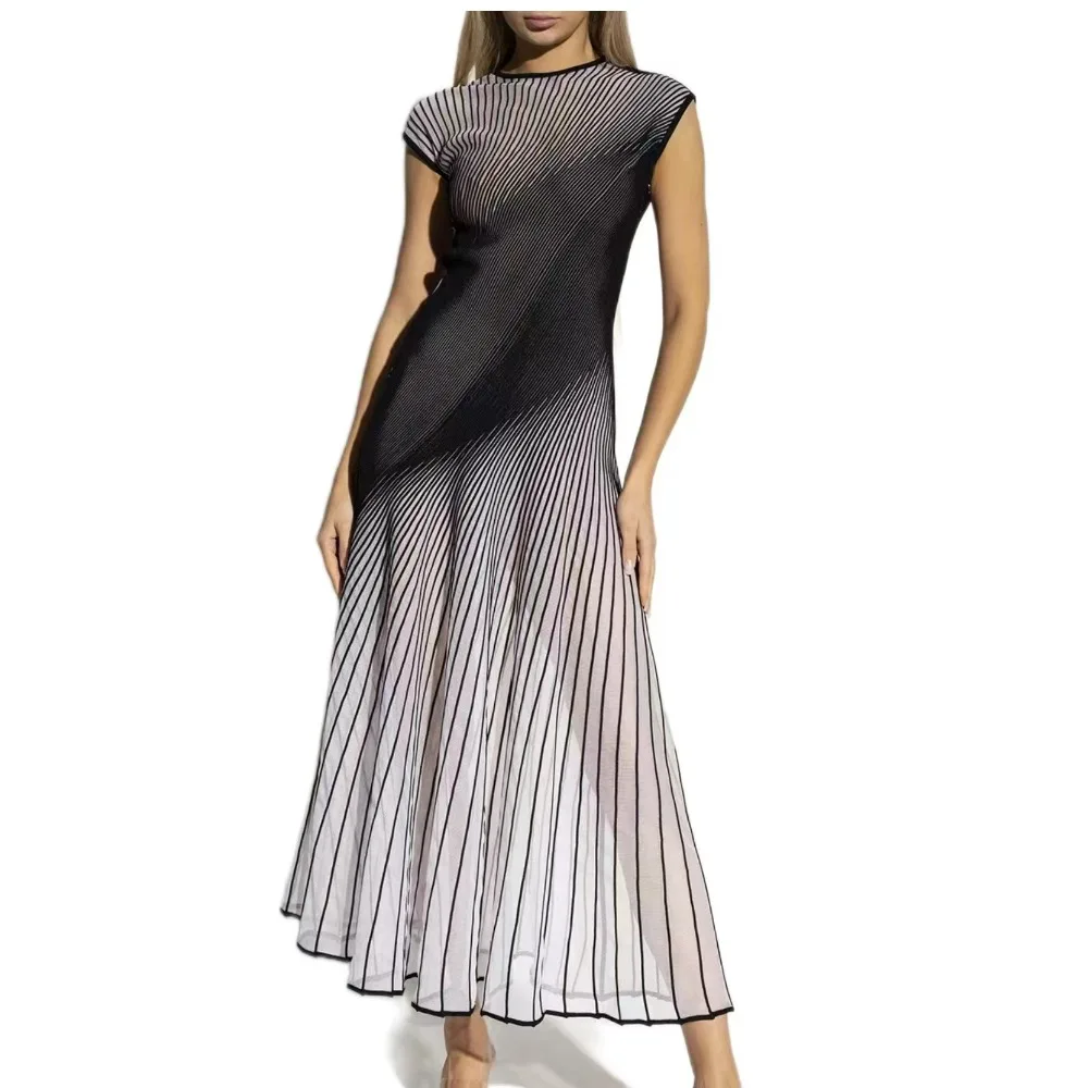 

New 2023 Fall Knitted Diagonal Striped Jacquard Pleated A-line Dress Women Temperament Commuting Casual Elegant Dresses A05430