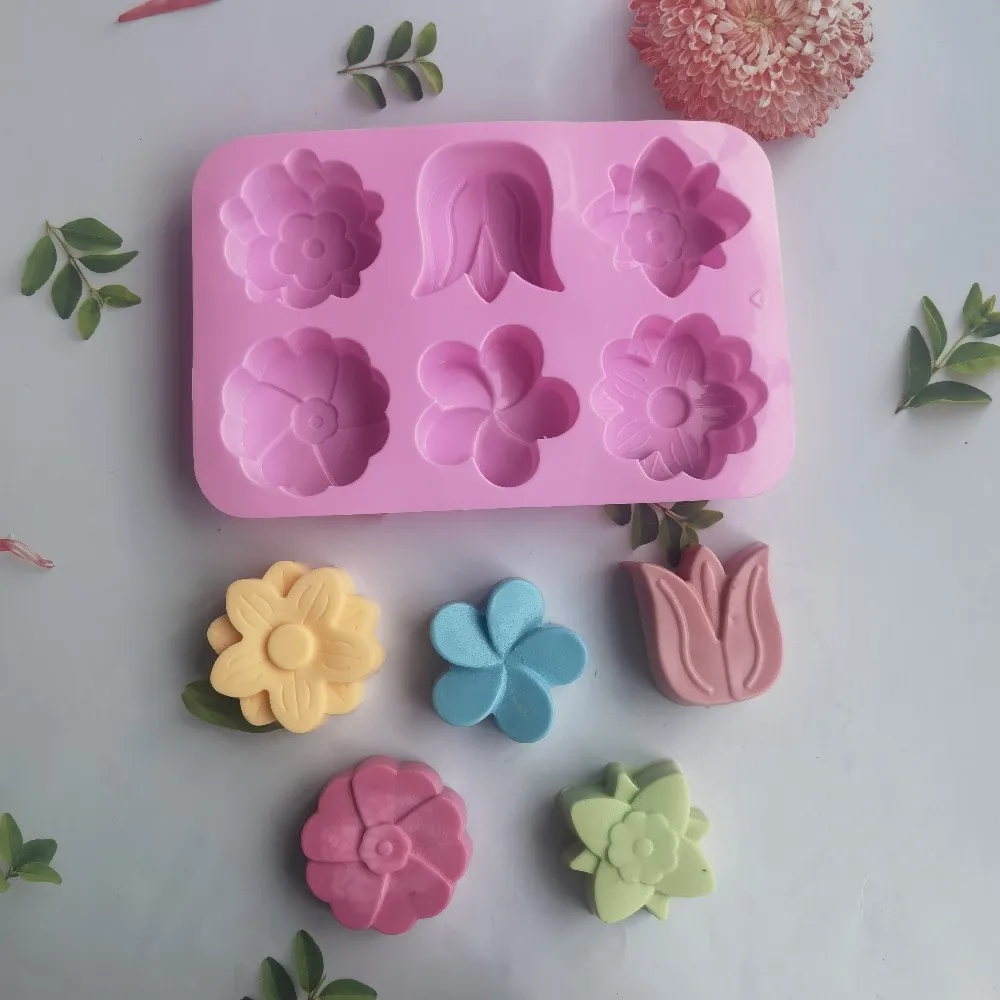 6 Cavities Silicone Soap Molds Oval Square Mould with Mixed Flower Patterns  DIY Handmade Craft Cake