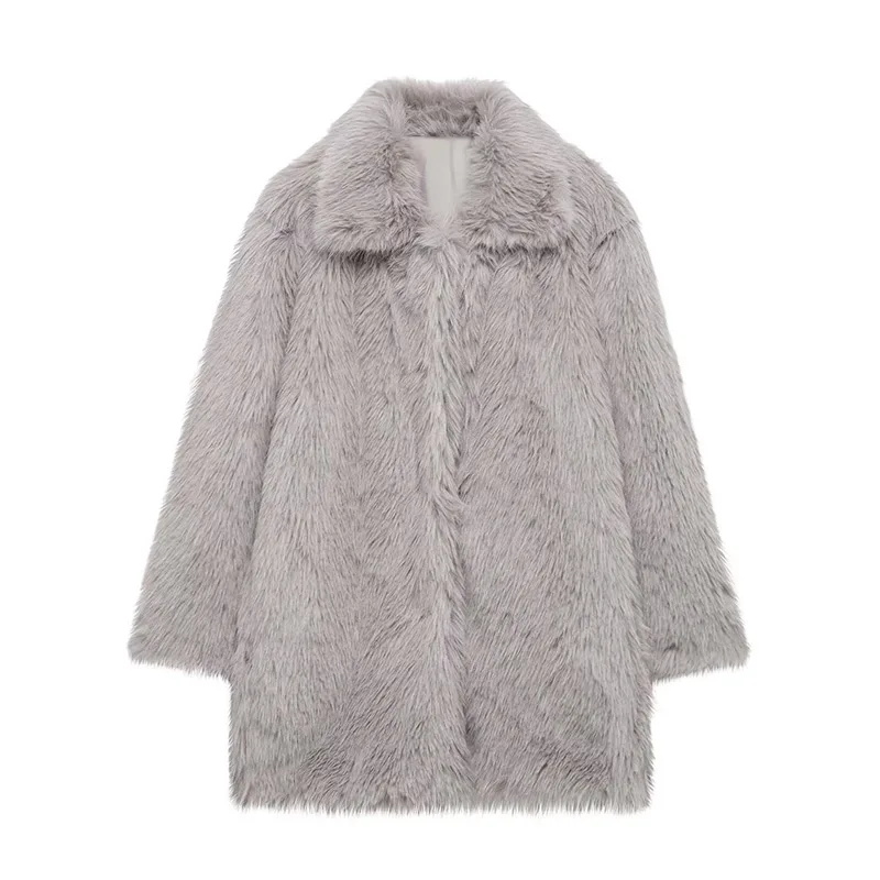 Fashion Solid Fluffy Faux Fur Coat Women Lapel Long Sleeve Thick Warm Loose Jackets 2025 Winter Elegant High Street Outerwear