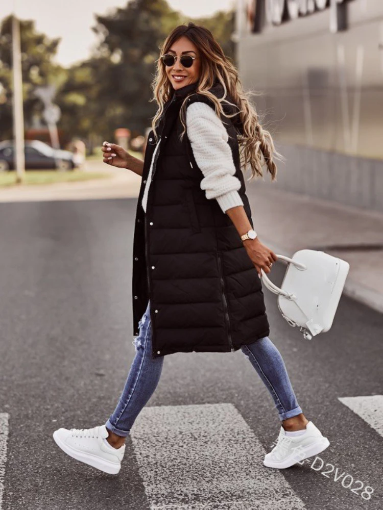 FSMG Autumn/Winter Women\'s Hooded Cotton Vests Solid Color Single Breasted Midi Length Slim Fit Chic Cardigan Outerwear Top eam