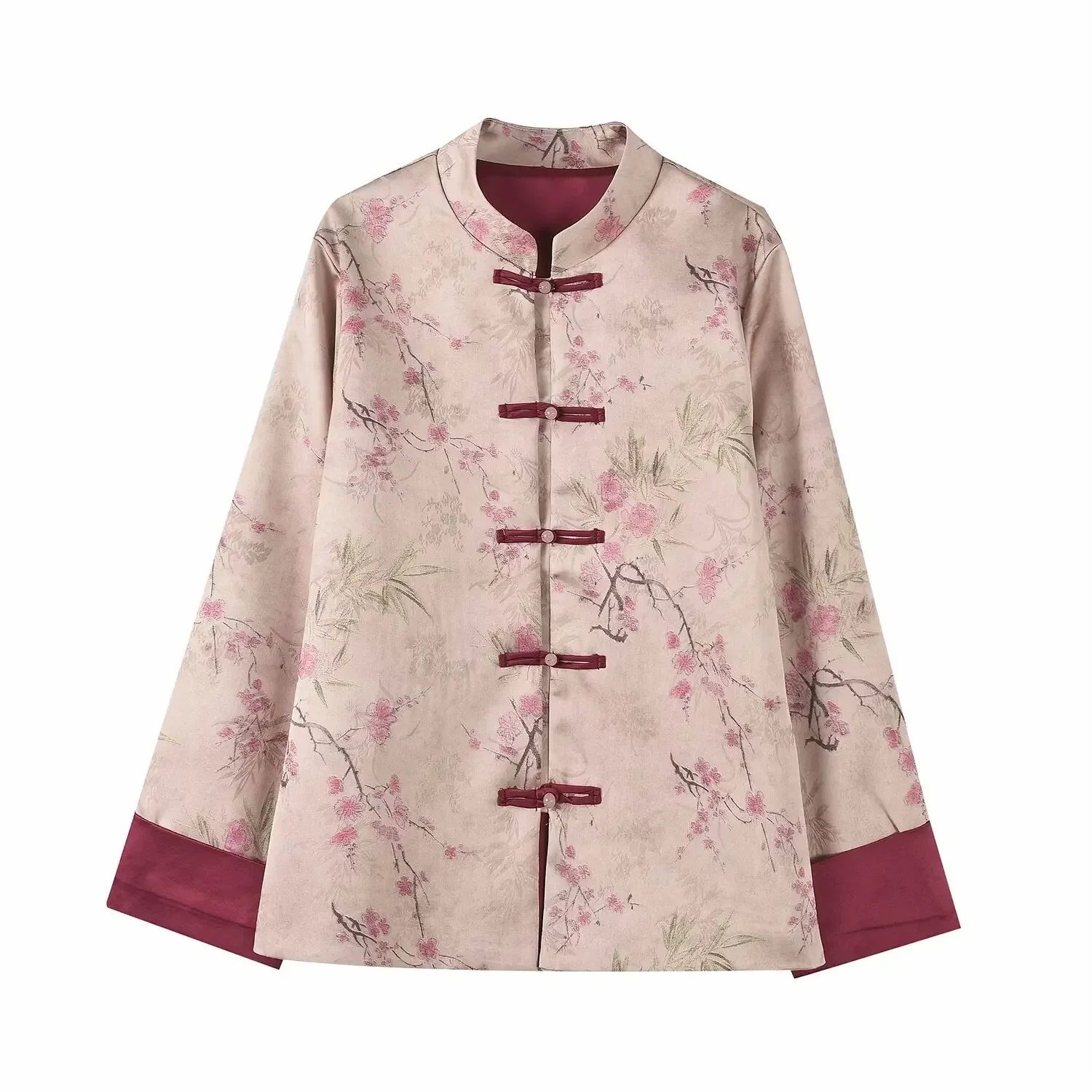 

Women's 2024 New Fashion Print Decoration Loose Chinese Style Casual Coat Retro Long sleeved Button up Women's Coat Chic Top