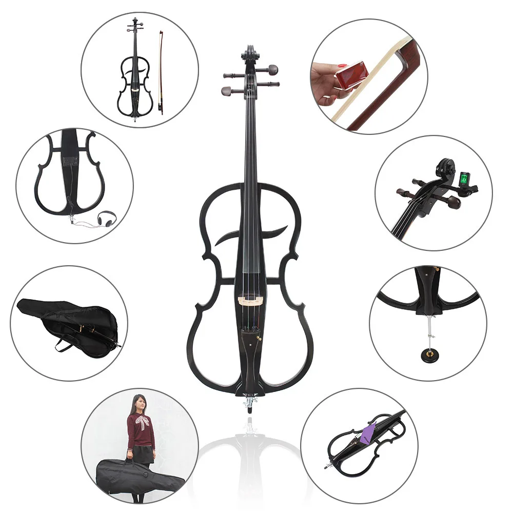 

4/4 Solid Wood Electric Cello Violoncello Ebony Fittings in Style 1 with Tuner Headphone Gig Bag