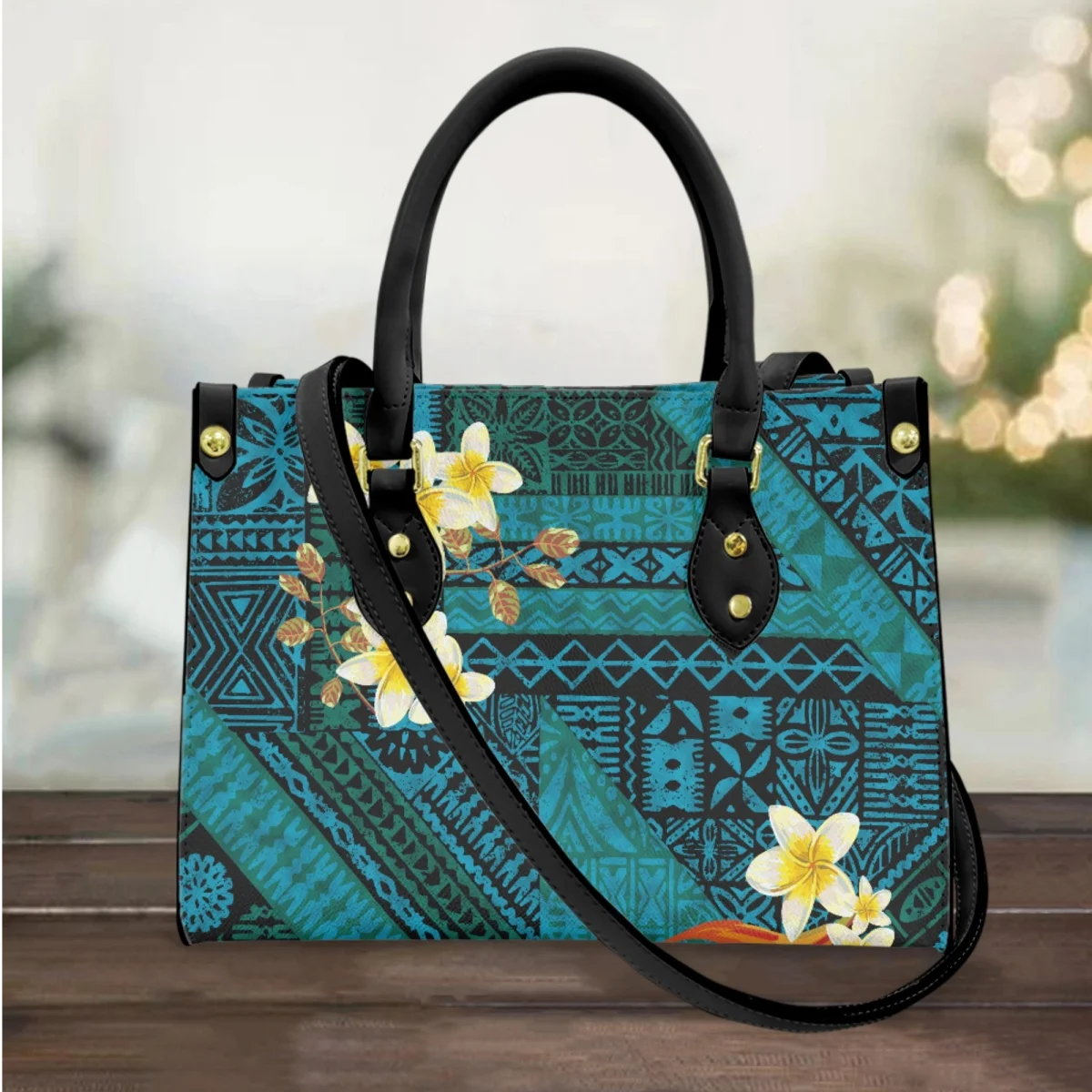 

Polynesian Hibiscus Flower Print Messenger Bag Tribal Pattern Top Handle PU Leather Handbags Fashion Shopping Bag Coin Purse