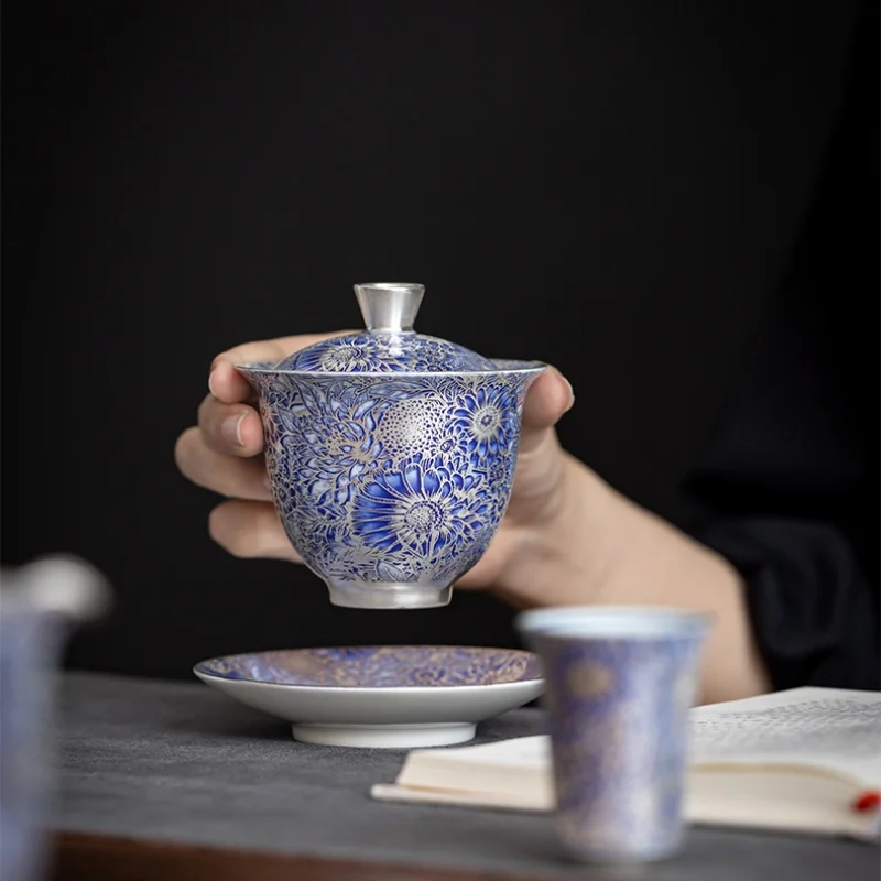 160ML Ceramics Gilded Silver Sunflower Gaiwan Handmade Household Kung Fu Tea Set Tea Bowl Cup Tureen Pot Gift Box