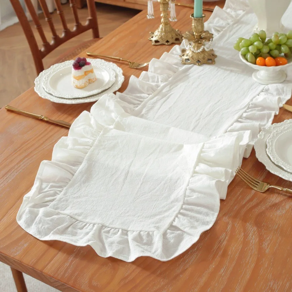 Runner da Tavolo in Stile Rustico con Bordo Arricciato, Tovaglia Rettangolare Monocolore per Matrimoni, in Cotone Lavato Antiscivolo
