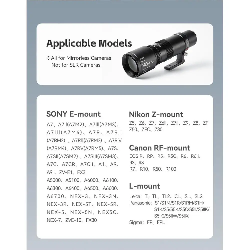 500mm F6.3 Full Frame Manual Focal Super Telephoto Lens for Sony E Nikon Z Leica