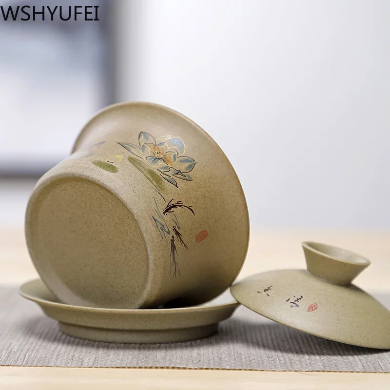 Jingdezhen ceramic Gaiwan bowl Chinese style Stoneware retro tea set Handmade Bubble tea bowl Travel Tea cup 150ml