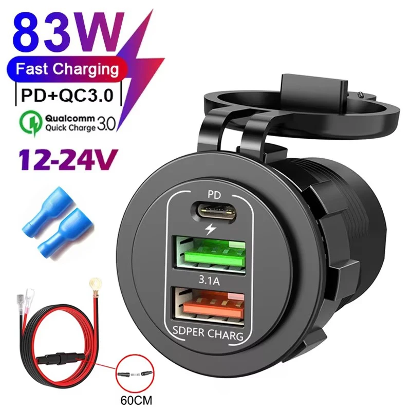 Waterproof 83W Fast Charging Car Charger Socket with Voltmeter and USB C Ports