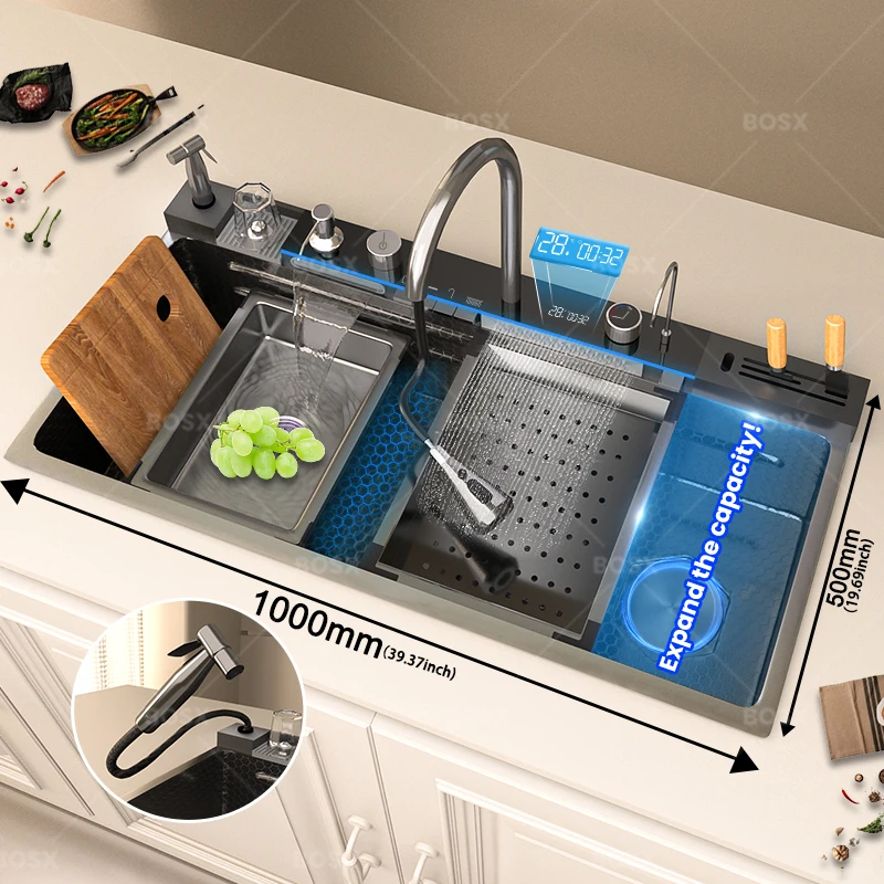 Golden Stainless Steel Kitchen Sink Multifunctional Large Single Basin Waterfall Dispenser Dishwashing Slot Undermount Basin