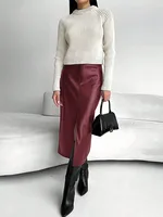 Jupe en cuir taille haute femmes fente avant printemps automne jupe longue taille haute bureau dame jupes minces élégant Ropa De Mujer 5