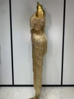 Women Sparkly Glod Rhinestones Sequined Fringe jumpsuit Sexy Nightclub Party Birthday Outfit Show Singer Stage Perform Costume - Image 3