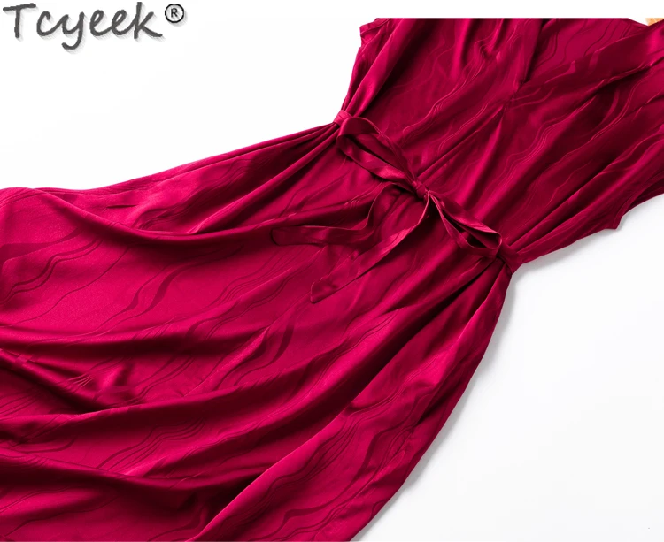 Tcyek 여성용 뽕나무 실크 원피스 패션 드레스, V넥 반팔 원피스, 레이스업 드레스, 20mm, 93% 여름