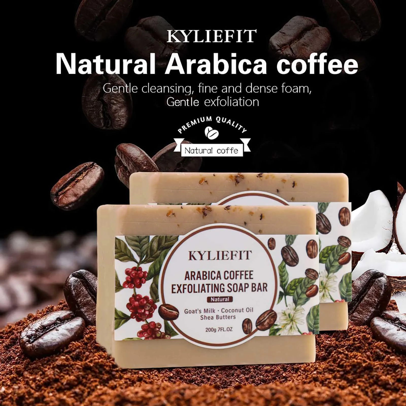 KYLIEFIT Arabica Coffee Exfoliating Soap, Whitening, Reduce Spots, Smooth Skin, With Coconut Oil, Shea Butter, for Face, Body