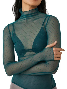 Women Sheer Mesh T-Shirts Mock Neck Long Sleeve Crop Tops Retro See Through Shirt Fairycore Grunge Tees 1