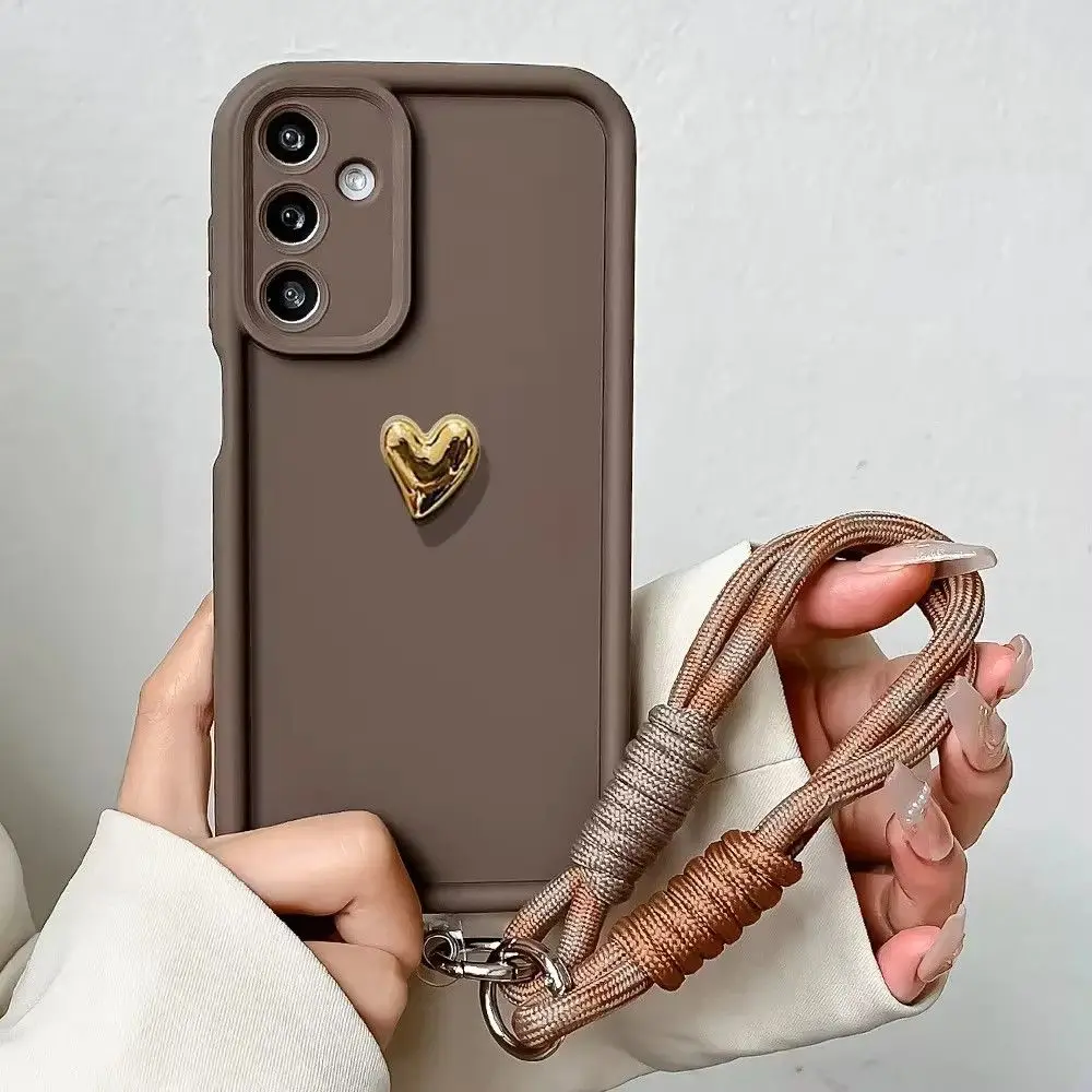 Gold Heart Soft Phone Case with Lanyard for Samsung Galaxy - Back Cover