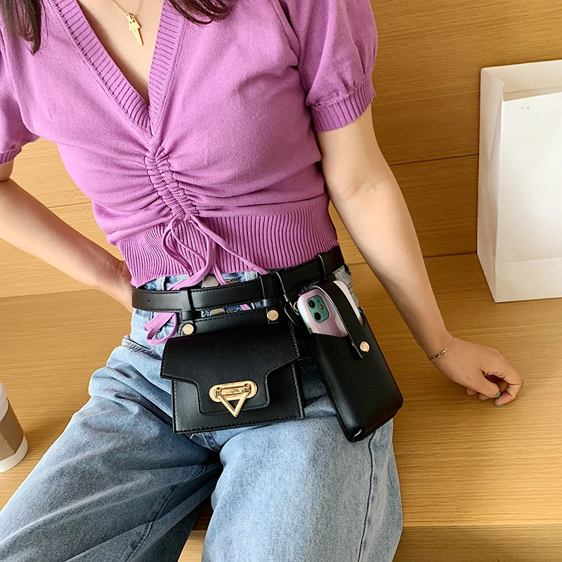 2 Piece Women's Belt Bag Luxury Designer Tactical Waist Bags Female Leather Flap Fanny Pack Shoulder Crossbody Chest Bag Purse