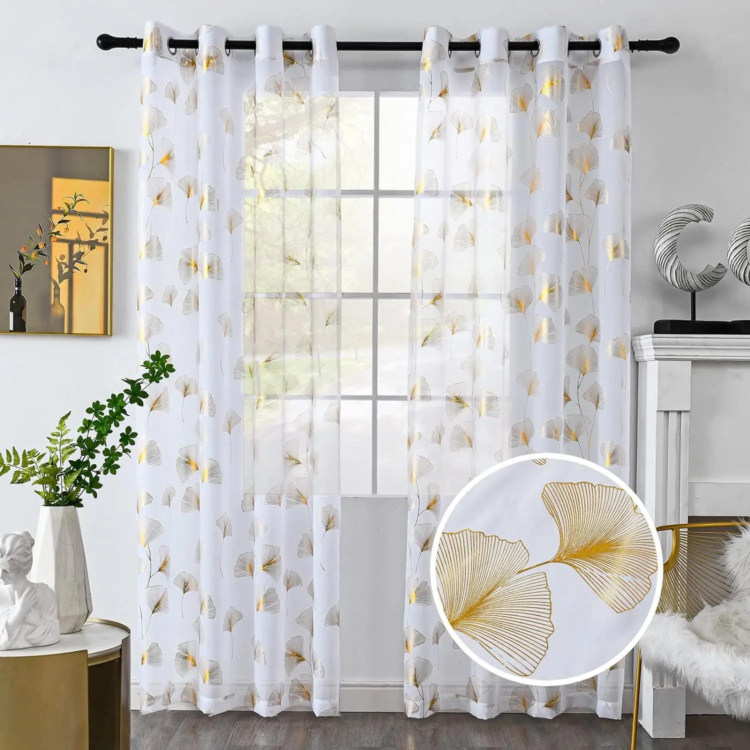 Gold Foil Print Voile Sheer Curtains, Leaves Grommet Top Window Drapes 96 Inches Long, Luxury Metallic Bronzing Treatment Panels