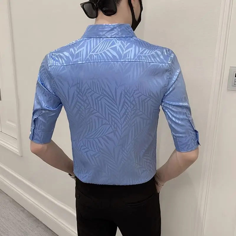 summer new Turn-down Collar fashion half Sleeve shirt man High street Casual Button Cardigan jacquard weave personality tops