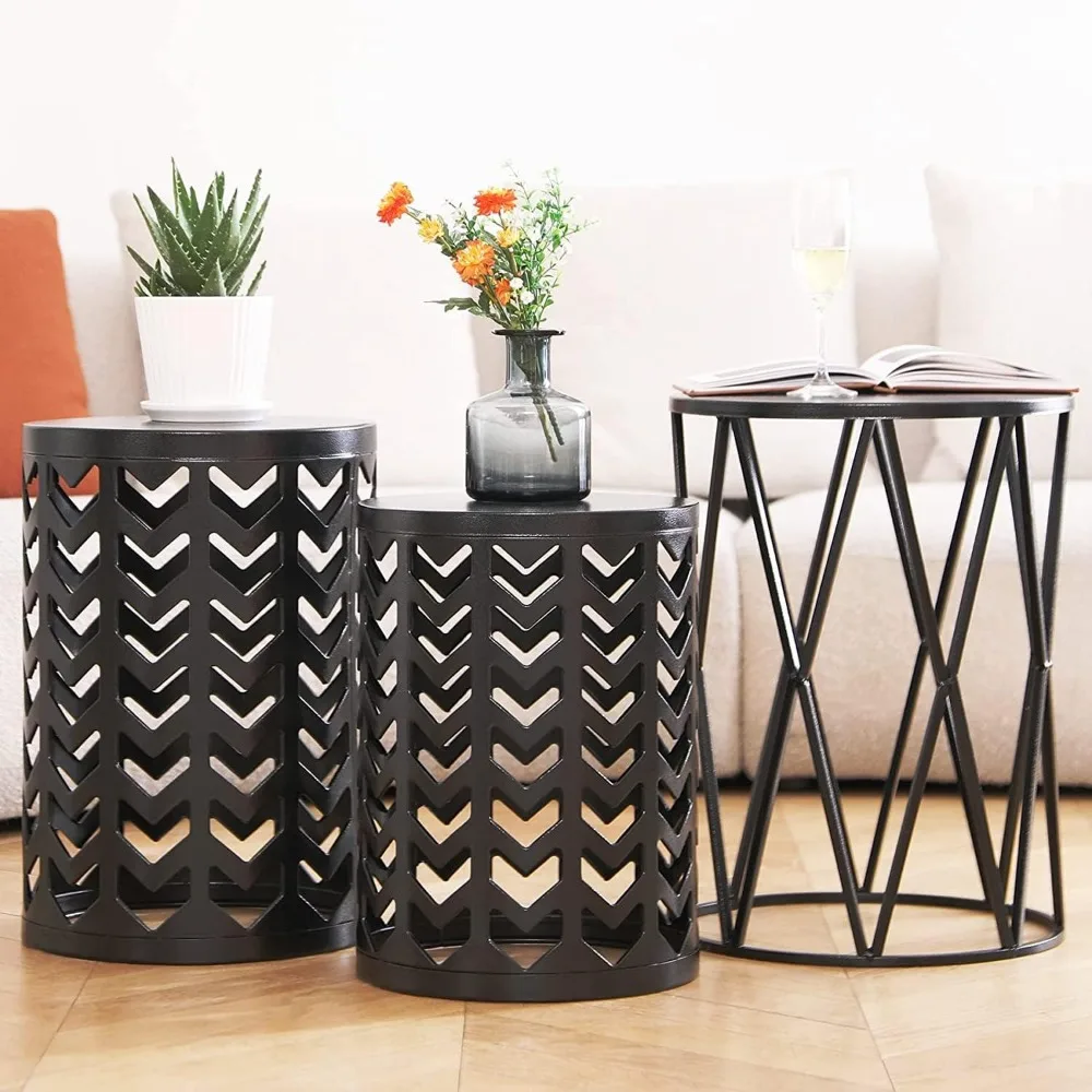 Set of 3 Metal Round Coffee Accent Table, Side Table End Table for Indoor Outdoor Multifunctional Use,Heavy Duty Metal Plant 3