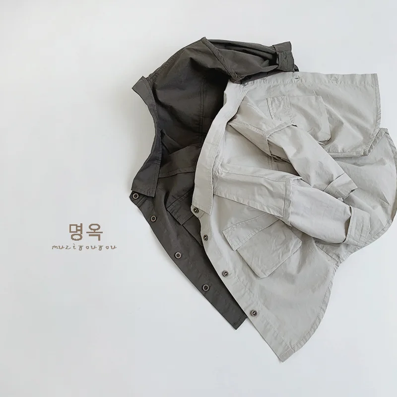 Frühling Herbst Kinder Shirts 1-8Y Jungen Baumwolle Cargo Tasche Splice Langarm Tops Koreanische Kleinkind Tragen Für Kinder Kleidung Neue – Detail 2