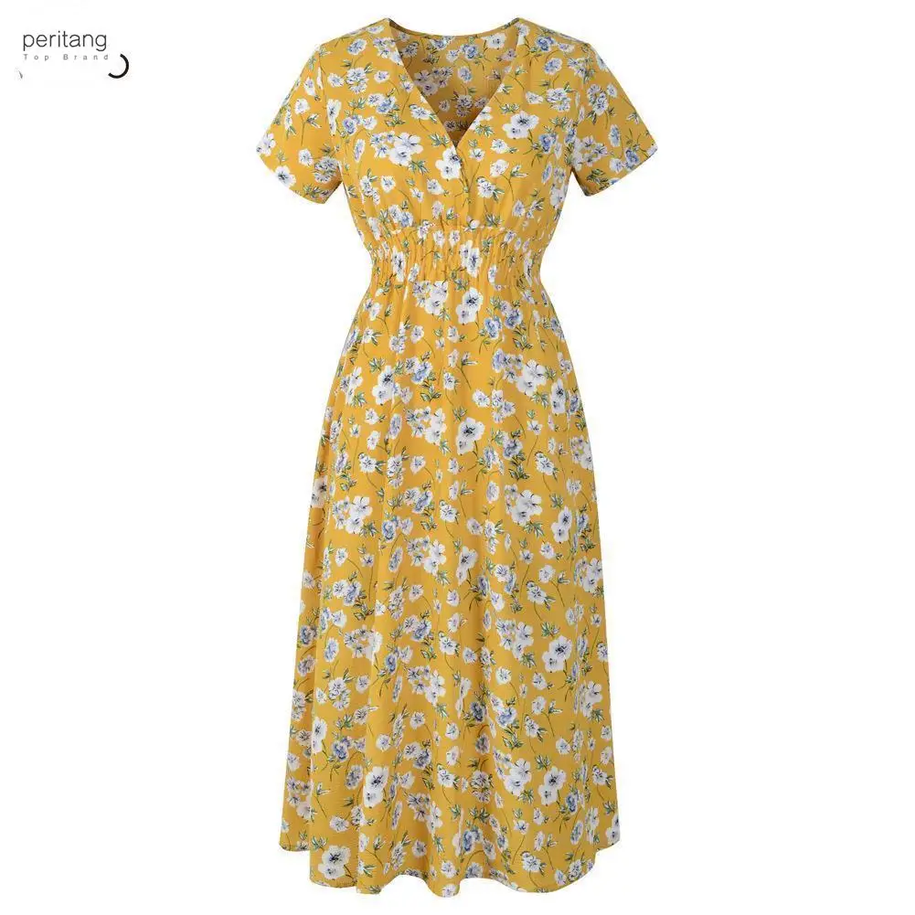 

Spring And Summer Women Chiffon Beach Dress Printed V - Neck Short Sleeve Dress Bohemian Mini Floral Print Dress Female