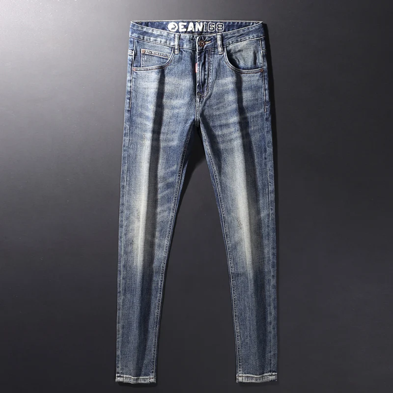 Fashionable new men's jeans, elastic slim fit, retro blue jeans, designer motorcycle brand high-quality pants
