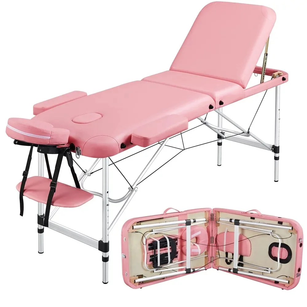 

3-Fold Portable Aluminum Massage Table For Spa Treatments & Tattoos, 84", Pink