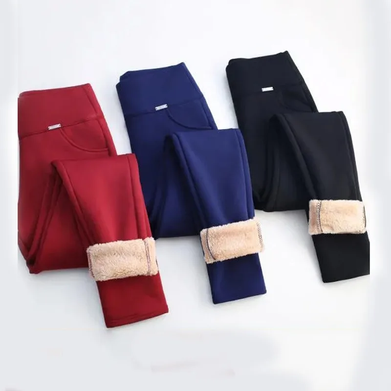 Super Warm Oversized 6XL Stretch Pencil Pants Velvet Snow Bottoms High Waist Thick Trousers Winter Lambswool Skinny Pants Women