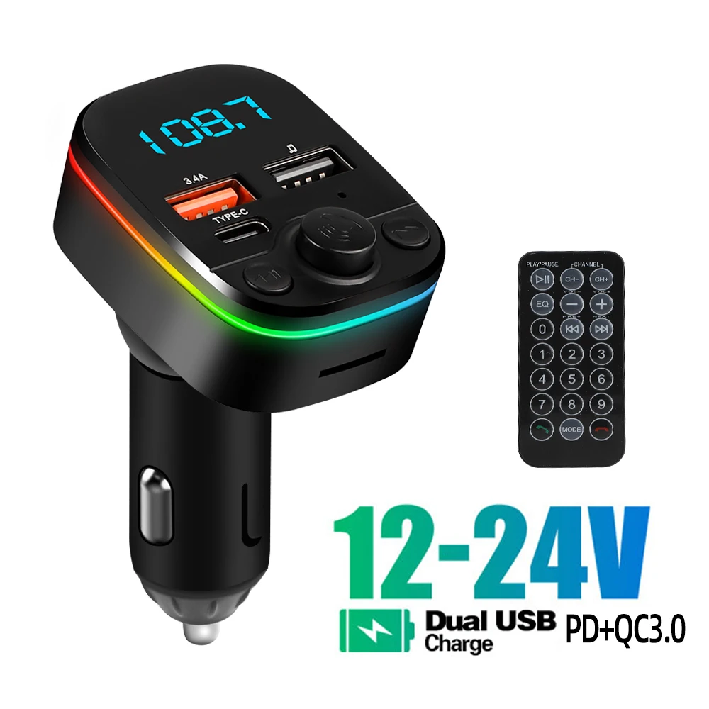 

FM Transmitter Bluetooth Car 3.1A Dual USB Port+Type-C Charge Handsfree Call Wireless Aux Audio Radio Modulator MP3 Player