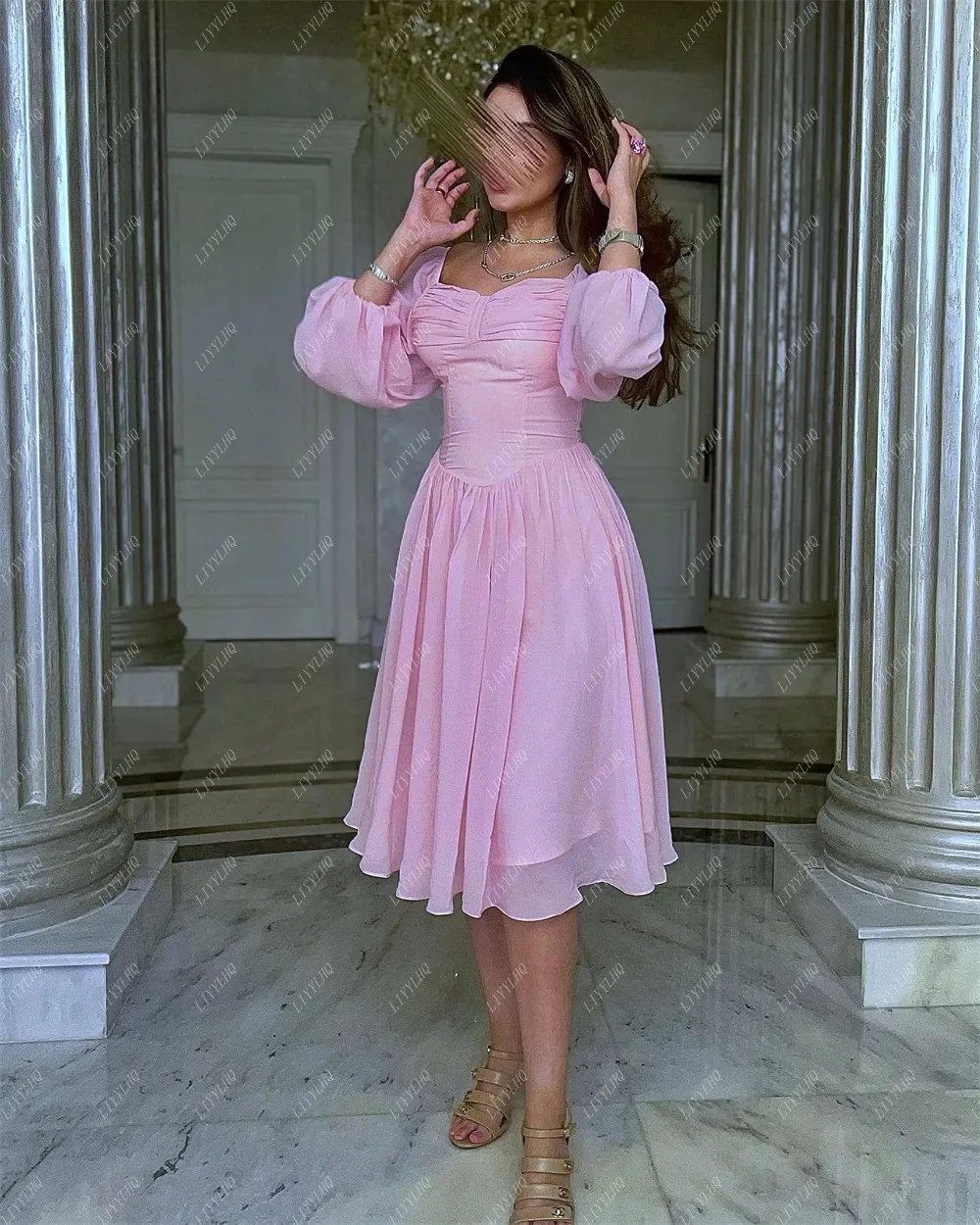 

LIYYLHQ в Дубае, простые розовые платья с пышными рукавами для выпускного вечера, Короткие вечерние коктейльные платья для женщин 2024