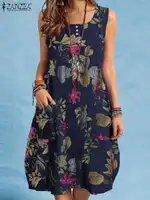 ZANZEA Bohemian Beach Dress Summer Vintage Floral Printed Sundress Women Sleeveless Knee-length Robe Holiday Vestidos Sarafans