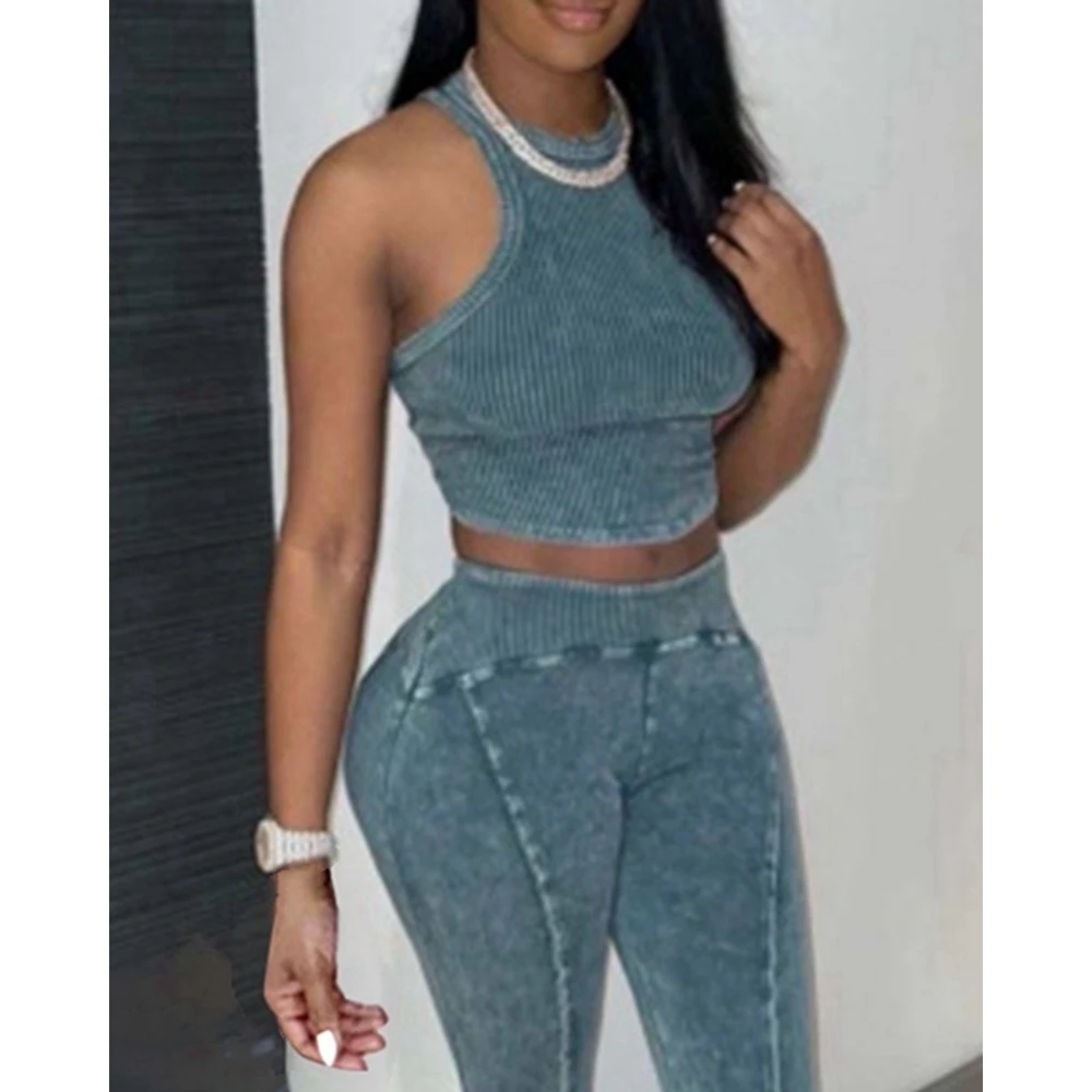 Autumn Women Corduroy Ribbed Sleeveless Round Neck Top & High Waist Skinny Pants Set Casual Slim Two Pieces Sets Outfits Y2k