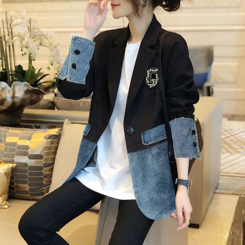 

Office Lady Denim Spliced Blazers Casual Tailored Collar Spring Autumn Single Button Female Clothing Patch Designs Beading Suits