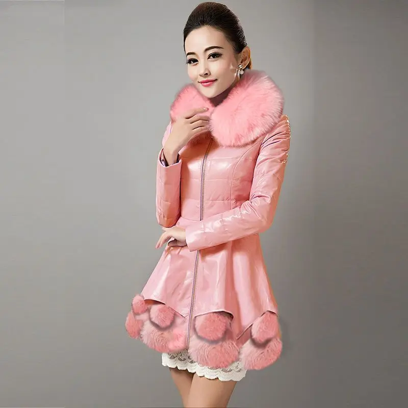 2023 New Fur Slim Fashion Down  Leather Coat Womens Long Winter Slim Imitation Fox Fur Collar Temperament Warm Coat Women