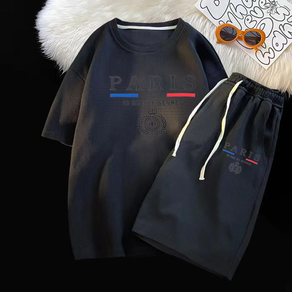 thumbnail image 1 of Conjunto de dos piezas de marca de verano con diseño de gofres para hombre, camisetas, pantalones cortos, traje deportivo, conjunto de jogging, chándal informal para hombre, conjunto masculino, 1 of 5