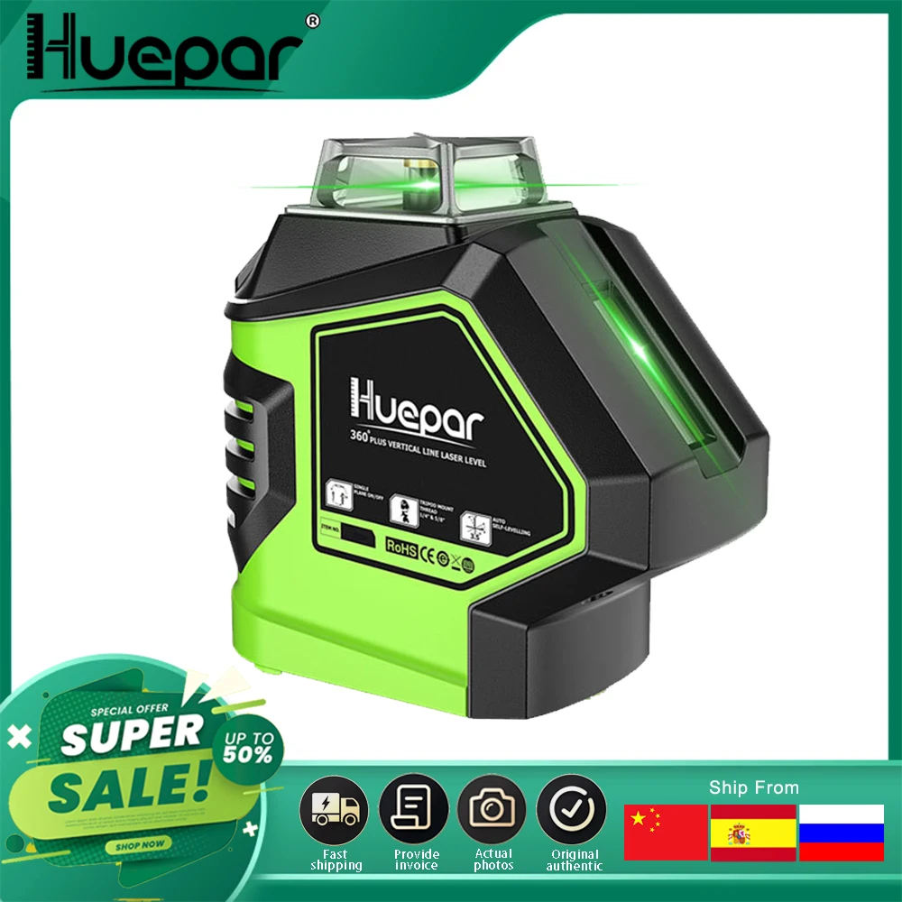 Huepar 360 Degree Cross Line Laser Level Green Beam Self-Leveling Laser  Leveler Tools with 2 Plumb Dots & Magnetic Pivoting Base 621CG 