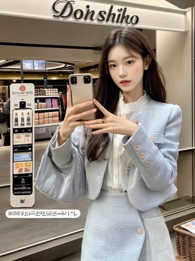 

UNXX French Milk Style Elegant Women's Suit Jacket Skirt Set Autumn and Winter Blue Wool Short Coat Top Hip Skirt Two-piece Set