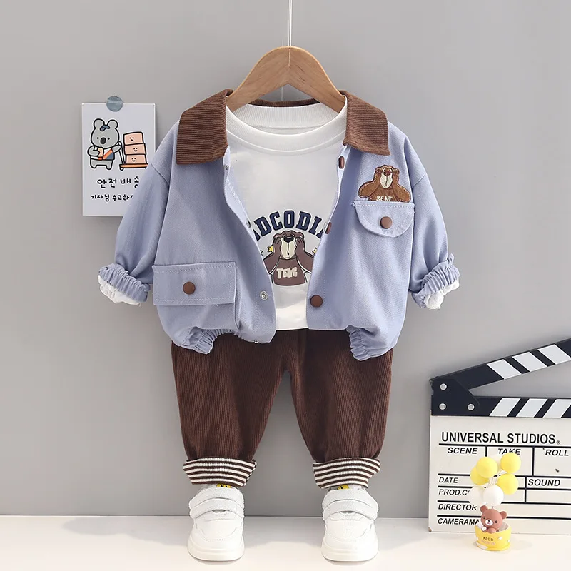 Baby children's suit autumn new cartoon hanging bag round neck T-shirt soft denim three-piece boys' and girls' leisure suit newborn baby clothing set