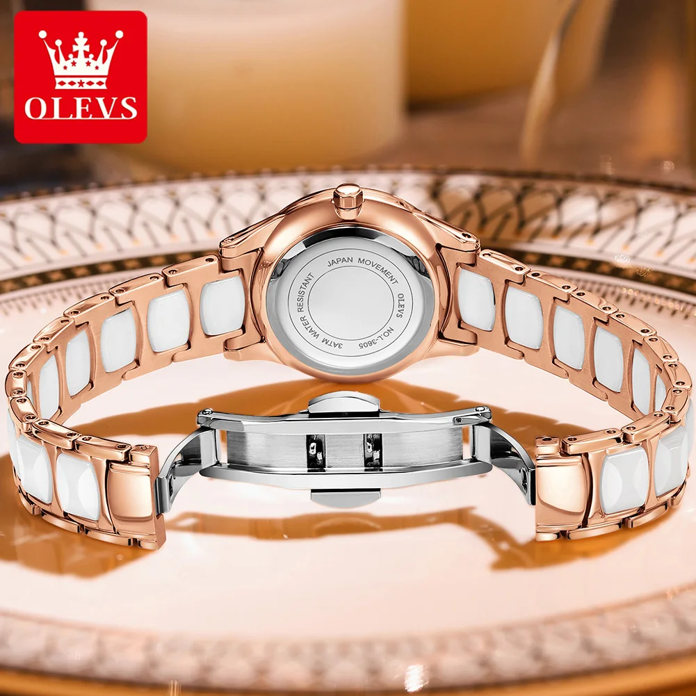 OLEVS Brands Fashion Rhinestone Quartz Watch for Women  Luxury Ceramic Strap Waterproof Calendar Ladies Wirstwatch Reloj Mujer