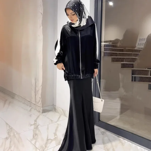 Ensembles musulmans pour femmes, veste, jupes longues, costume, survêtement, manteau, jupe, fermeture éclair, Patchwork, Ensemble Ramadan maroc, tenues de dubaï, 2025 1