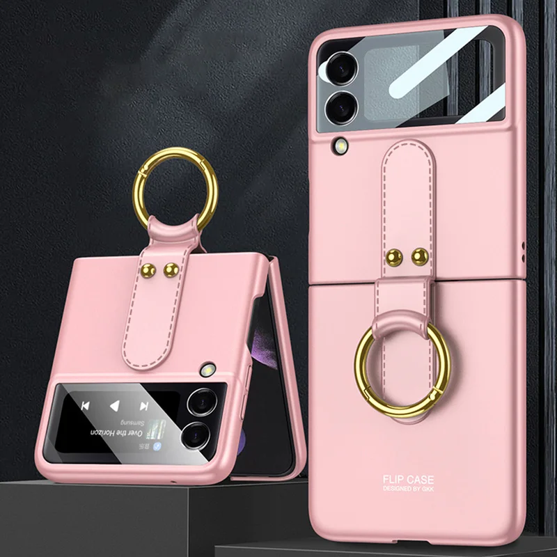 Case with Strap for Z Flip 3 Holder PC Case for Samsung Z Flip 3 Film Phone Cover All-in-one Solid Color Mobile Protective Shell samsung cute phone cover Cases For Samsung