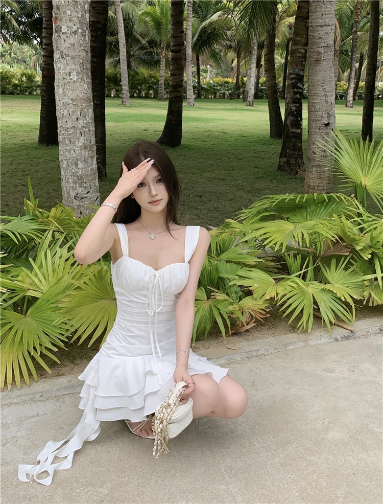 Summer New Holiday Beach Style Short Dresses for Women Spaghetti Strap Ruffles A-line Birthday Party Dress Korean Chic Vestidos