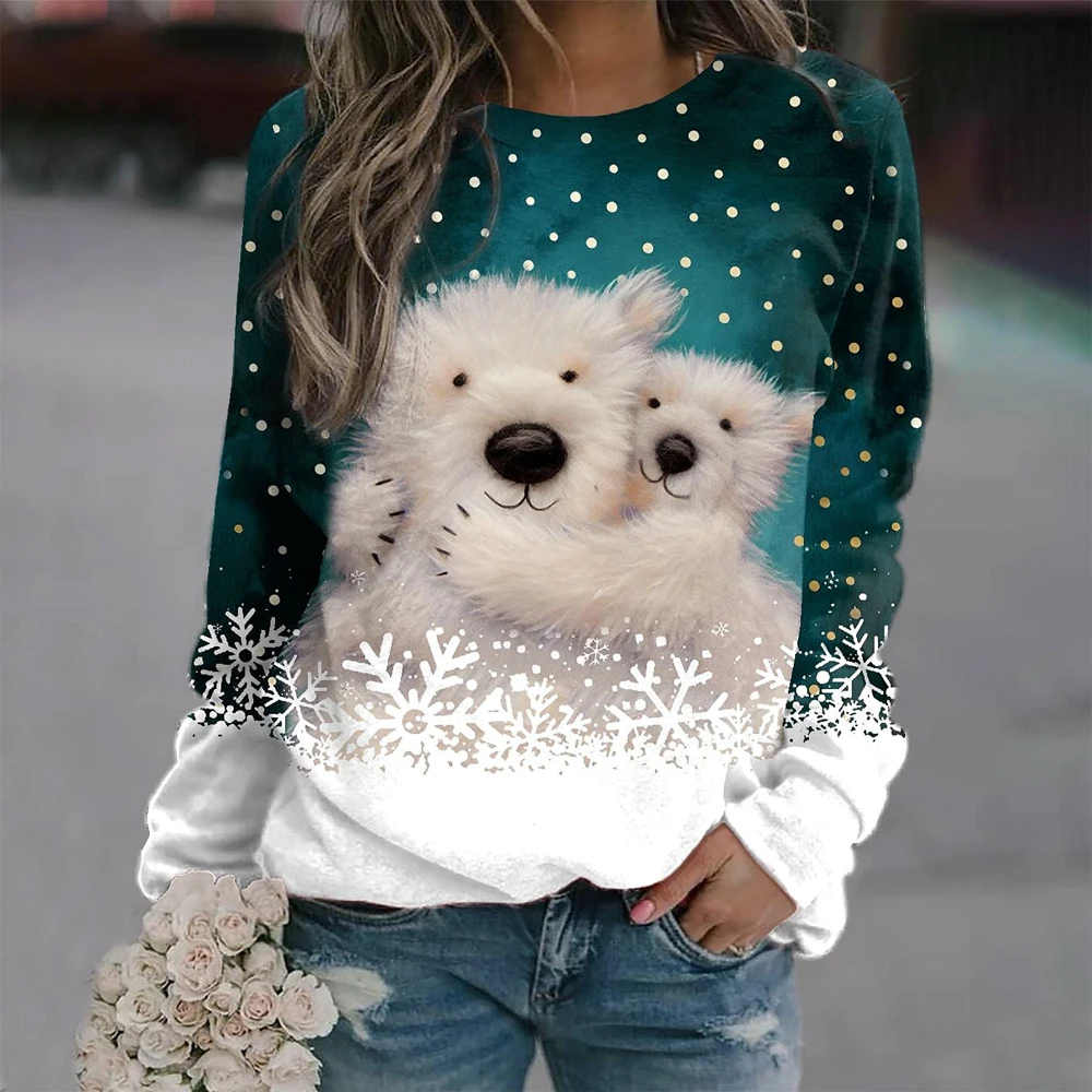 

2024 Boutique Christmas Cute Bear Print Sweatshirt Ladies Comfortable Warm Hoodie Ladies Street Casual Wear Ladies Fashion Top